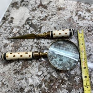 Vintage brass & glass magnifier & letter opener desk set
